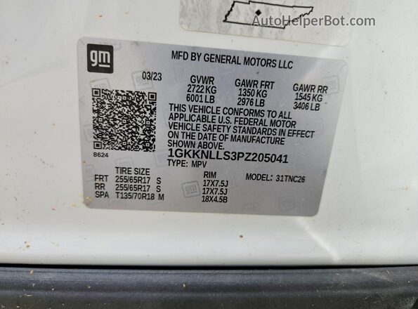 1GKKNLLS3PZ205041 2023 GMC ACADIA White Widok naklejki z numerem VIN