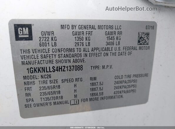1GKKNLLS4HZ137088 2017 GMC ACADIA White Vista del compartimento del motor