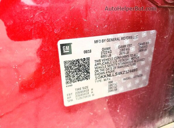 1GKKNLLS4KZ124493 2019 GMC ACADIA Бордовый Вид наклейки с VIN-кодом