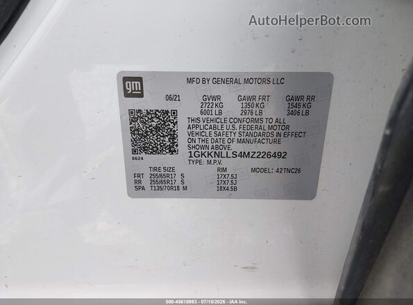 1GKKNLLS4MZ226492 2021 GMC ACADIA White Widok komory silnika