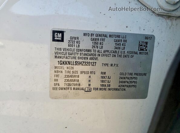 1GKKNLLS5HZ320127 2017 GMC ACADIA White Widok naklejki z numerem VIN