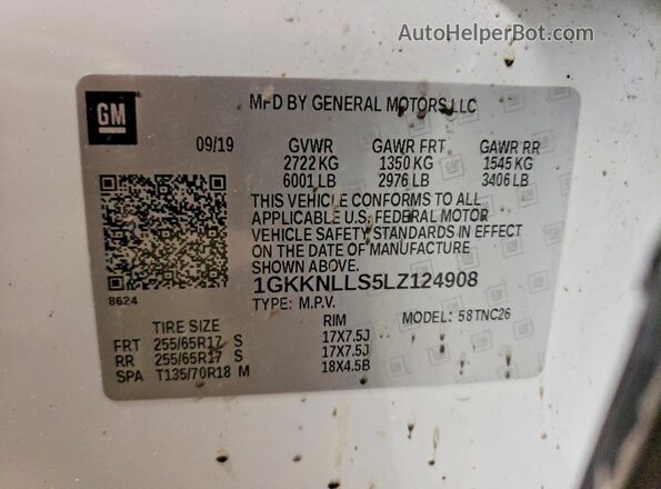 1GKKNLLS5LZ124908 2020 GMC ACADIA White VIN კოდის სტიკერის ხედი