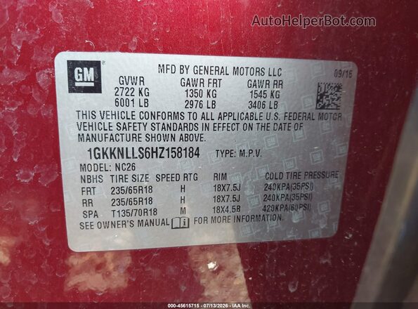 1GKKNLLS6HZ158184 2017 GMC ACADIA Red Widok komory silnika
