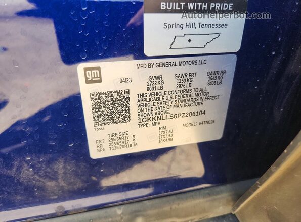 1GKKNLLS6PZ206104 2023 GMC ACADIA Blue Widok naklejki z numerem VIN