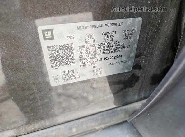 1GKKNLLS7KZ222644 2019 GMC ACADIA Gray Вид наклейки з VIN-кодом