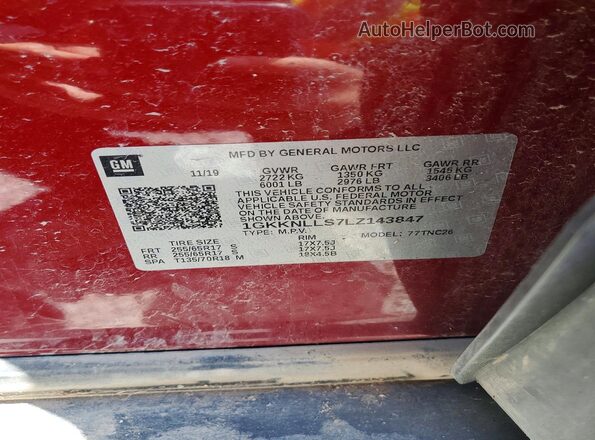 1GKKNLLS7LZ143847 2020 GMC ACADIA Red Widok naklejki z numerem VIN