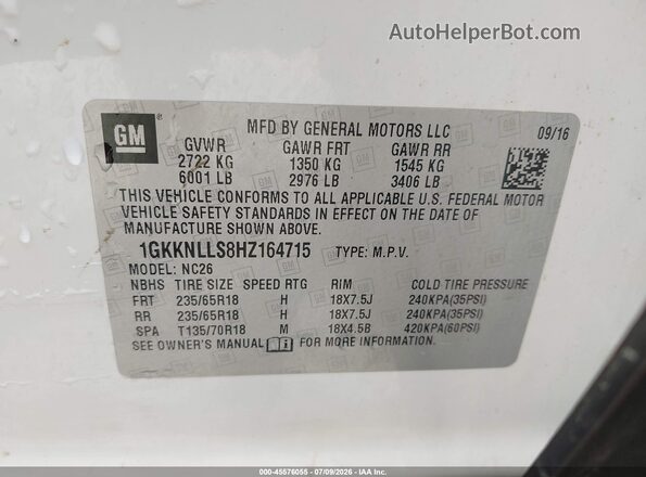 1GKKNLLS8HZ164715 2017 GMC ACADIA White Շարժիչի բաժամունքի տեսք