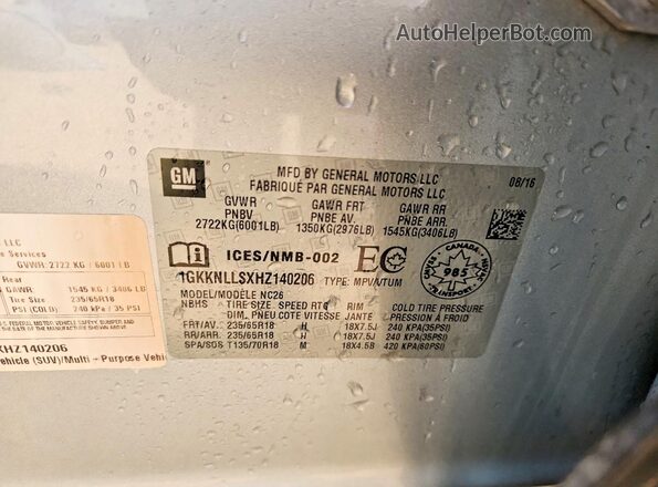 1GKKNLLSXHZ140206 2017 GMC ACADIA Серебряный Вид наклейки с VIN-кодом