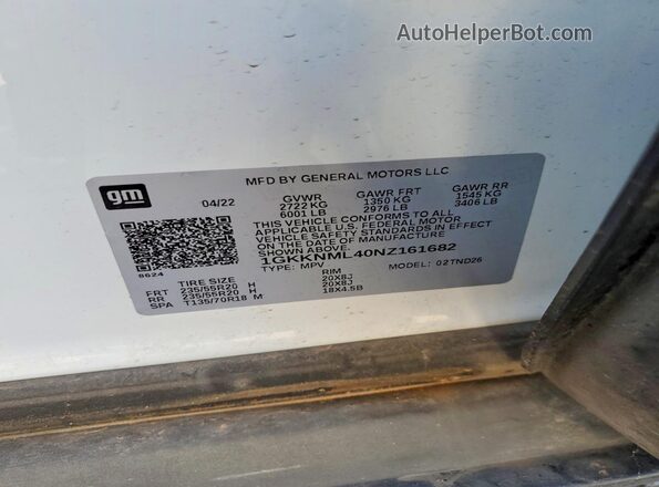 1GKKNML40NZ161682 2022 GMC ACADIA White Widok naklejki z numerem VIN
