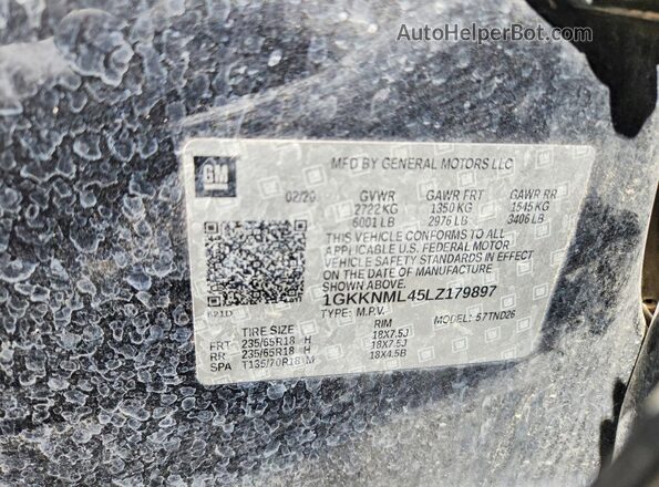 1GKKNML45LZ179897 2020 GMC ACADIA Gray Widok naklejki z numerem VIN