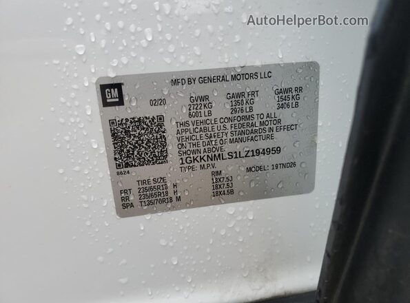 1GKKNMLS1LZ194959 2020 GMC ACADIA White Vista de la etiqueta del VIN