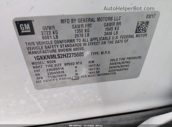 1GKKNMLS2HZ275685 2017 GMC ACADIA White ძრავის განყოფილების ხედი