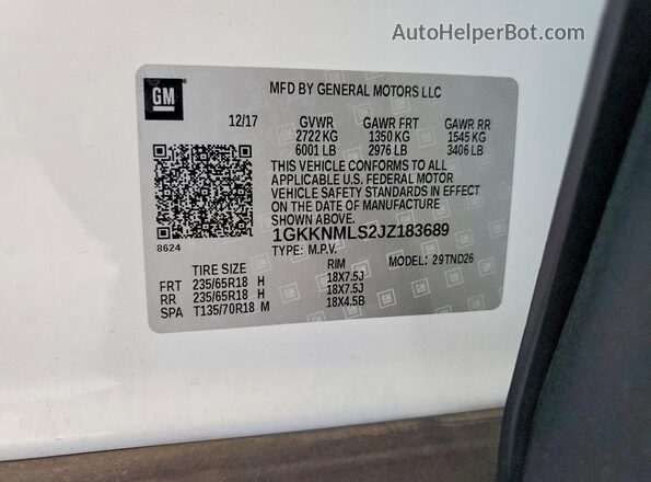 1GKKNMLS2JZ183689 2018 GMC ACADIA White Vista interior de 360 grados