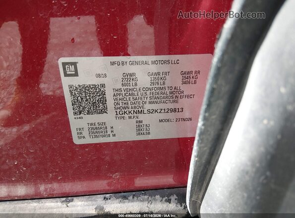 1GKKNMLS2KZ129813 2019 GMC ACADIA Красный Вид подкапотного пространства