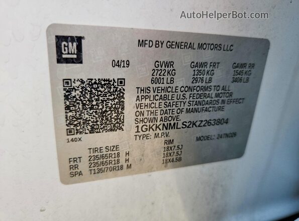 1GKKNMLS2KZ263804 2019 GMC ACADIA White Vista de la etiqueta del VIN