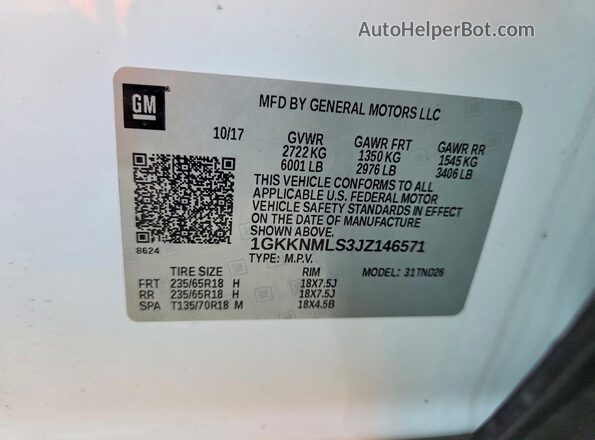 1GKKNMLS3JZ146571 2018 GMC ACADIA White Widok komory silnika