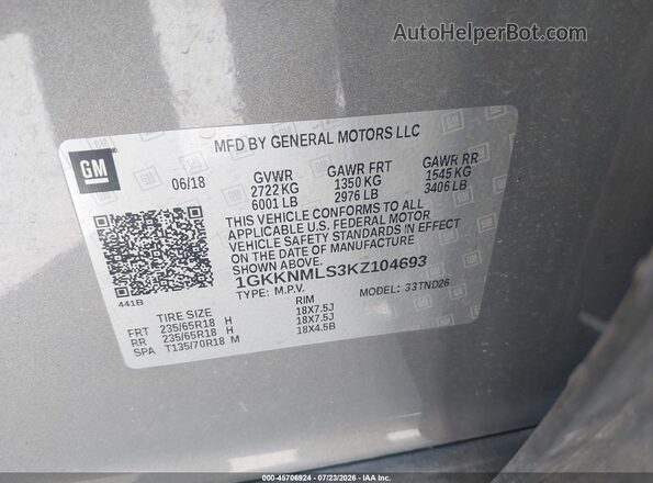1GKKNMLS3KZ104693 2019 GMC ACADIA Gray Вид підкапотного простору