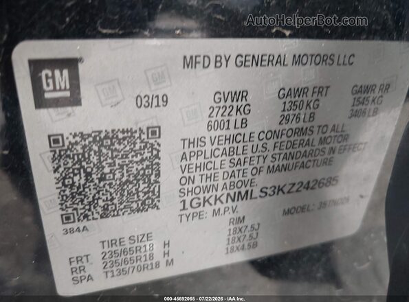 1GKKNMLS3KZ242685 2019 GMC ACADIA Black ძრავის განყოფილების ხედი