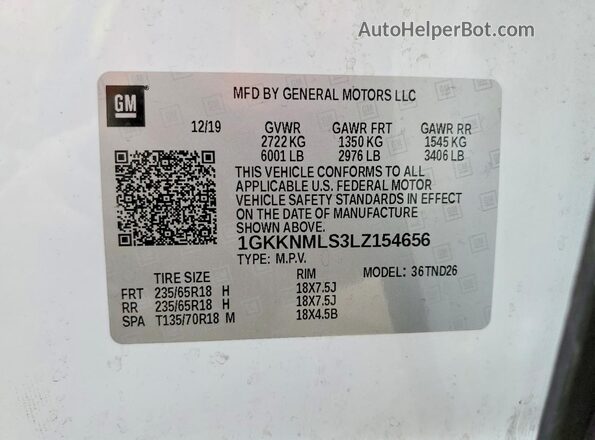 1GKKNMLS3LZ154656 2020 GMC ACADIA White VIN sticker view