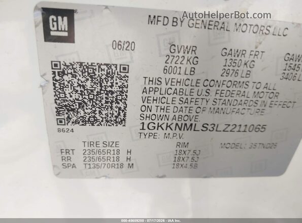 1GKKNMLS3LZ211065 2020 GMC ACADIA White Вид підкапотного простору