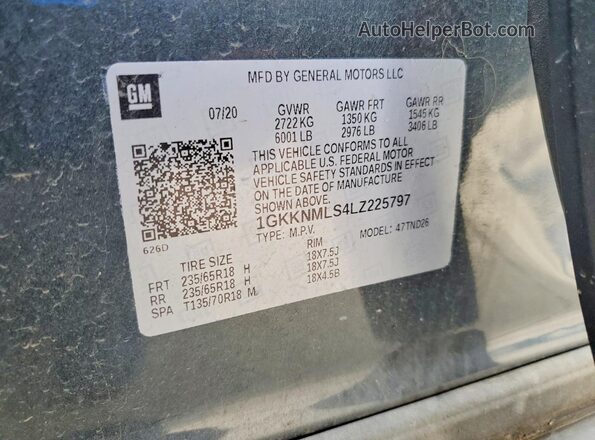 1GKKNMLS4LZ225797 2020 GMC ACADIA Charcoal VIN კოდის სტიკერის ხედი