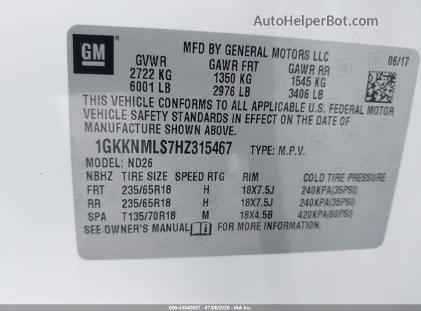 1GKKNMLS7HZ315467 2017 GMC ACADIA White ძრავის განყოფილების ხედი