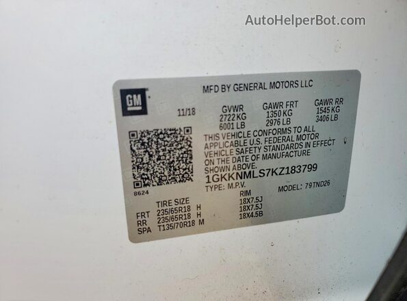 1GKKNMLS7KZ183799 2019 GMC ACADIA White Սալոնի 360 աստիճան տեսք