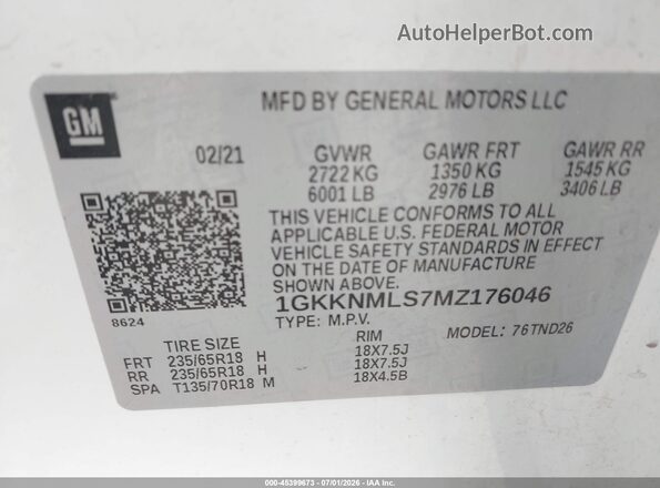 1GKKNMLS7MZ176046 2021 GMC ACADIA White Շարժիչի բաժամունքի տեսք