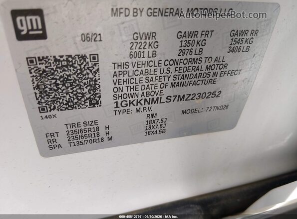 1GKKNMLS7MZ230252 2021 GMC ACADIA Белый Вид подкапотного пространства