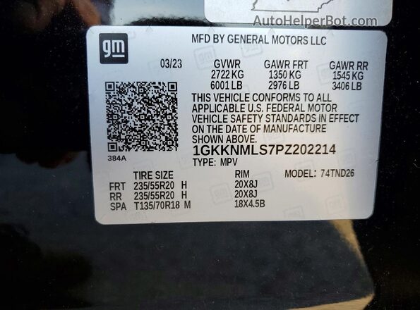 1GKKNMLS7PZ202214 2023 GMC ACADIA Black VIN sticker view