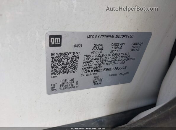 1GKKNMLS8MZ203335 2021 GMC ACADIA White Vista del compartimento del motor