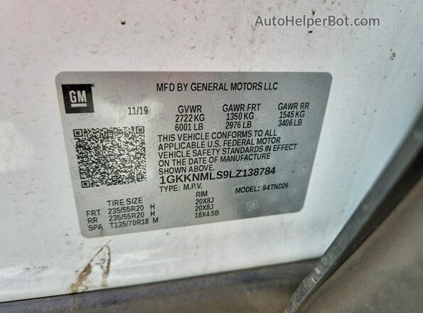1GKKNMLS9LZ138784 2020 GMC ACADIA White Вид наклейки з VIN-кодом