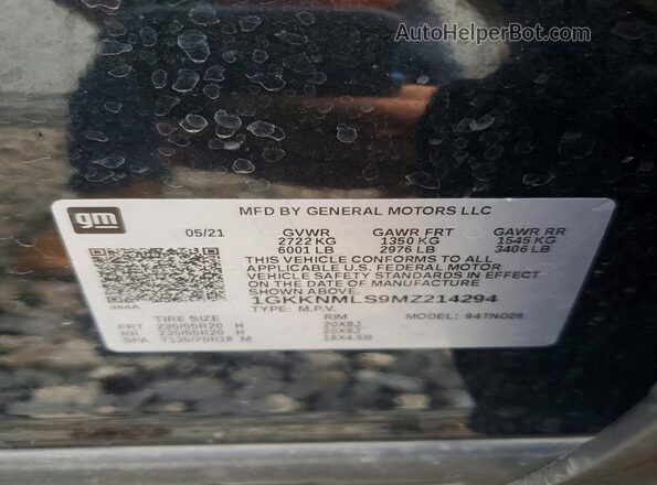 1GKKNMLS9MZ214294 2021 GMC ACADIA Black VIN կոդի պիտակի տեսք