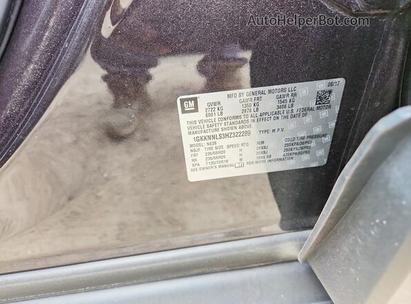 1GKKNNLS3HZ322289 2017 GMC ACADIA Черный Вид наклейки с VIN-кодом