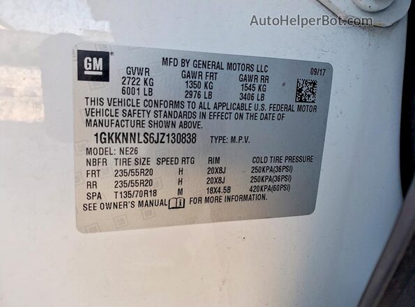 1GKKNNLS6JZ130838 2018 GMC ACADIA White Widok komory silnika