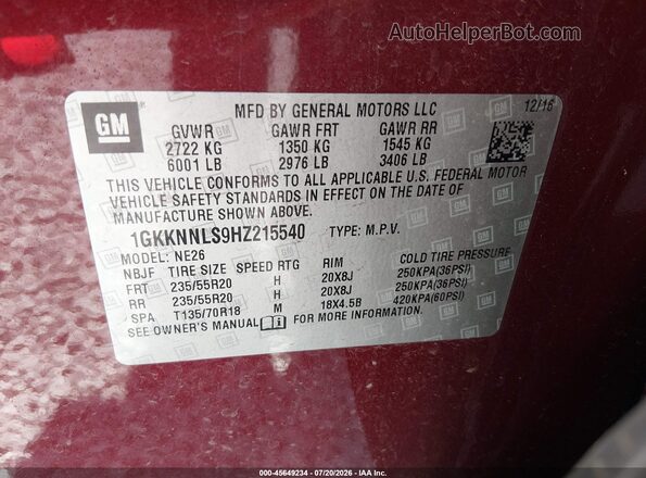 1GKKNNLS9HZ215540 2017 GMC ACADIA Red Engine compartment view