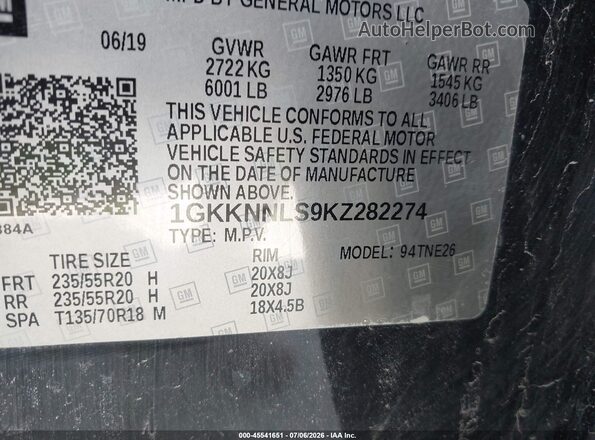 1GKKNNLS9KZ282274 2019 GMC ACADIA Черный Вид подкапотного пространства