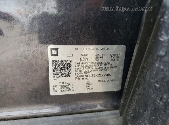 1GKKNPLS2KZ172906 2019 GMC ACADIA Угольный Вид наклейки с VIN-кодом