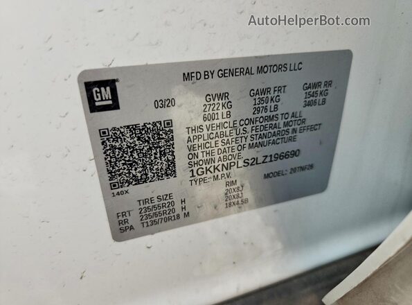 1GKKNPLS2LZ196690 2020 GMC ACADIA White Vista interior de 360 grados