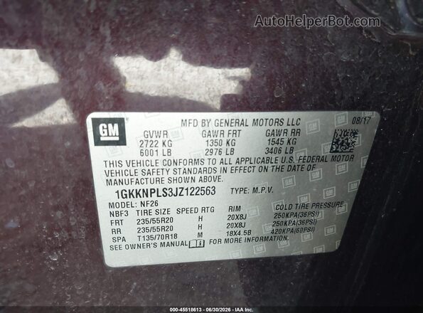 1GKKNPLS3JZ122563 2018 GMC ACADIA Burgundy Vista del compartimento del motor