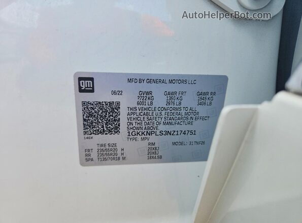 1GKKNPLS3NZ174751 2022 GMC ACADIA White Вид наклейки з VIN-кодом