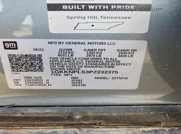 1GKKNPLS3PZ232375 2023 GMC ACADIA Gray VIN კოდის სტიკერის ხედი