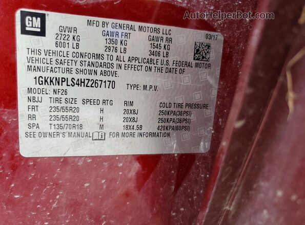 1GKKNPLS4HZ267170 2017 GMC ACADIA Maroon Widok naklejki z numerem VIN
