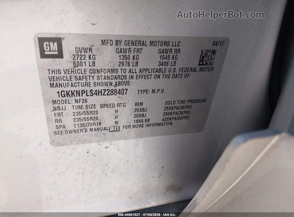1GKKNPLS4HZ288407 2017 GMC ACADIA Silver Вид підкапотного простору