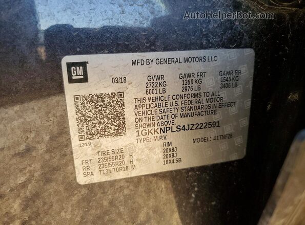 1GKKNPLS4JZ222591 2018 GMC ACADIA Black Widok naklejki z numerem VIN