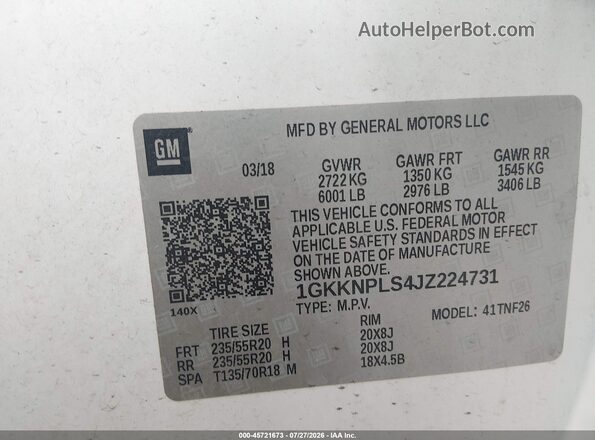 1GKKNPLS4JZ224731 2018 GMC ACADIA Белый Вид подкапотного пространства