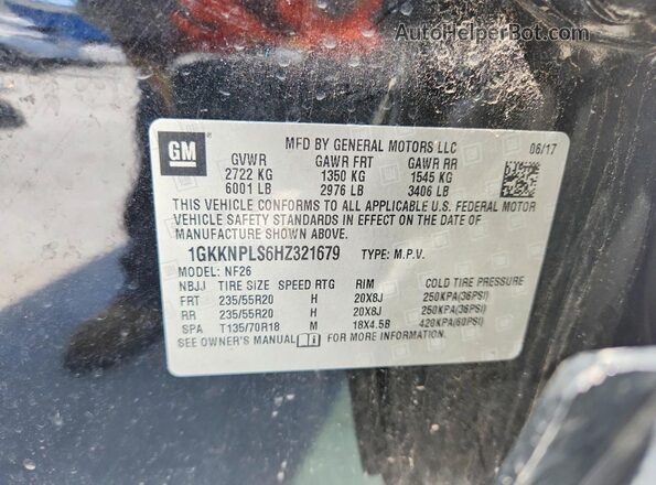 1GKKNPLS6HZ321679 2017 GMC ACADIA Black Widok naklejki z numerem VIN