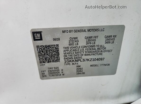 1GKKNPLS7KZ104097 2019 GMC ACADIA Белый Панорамный вид салона 360°