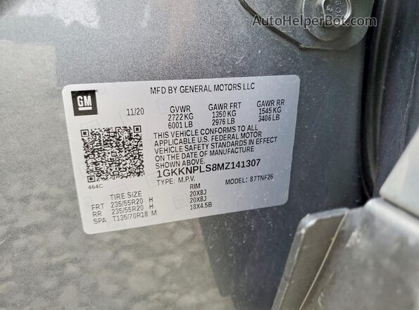 1GKKNPLS8MZ141307 2021 GMC ACADIA Gray VIN კოდის სტიკერის ხედი