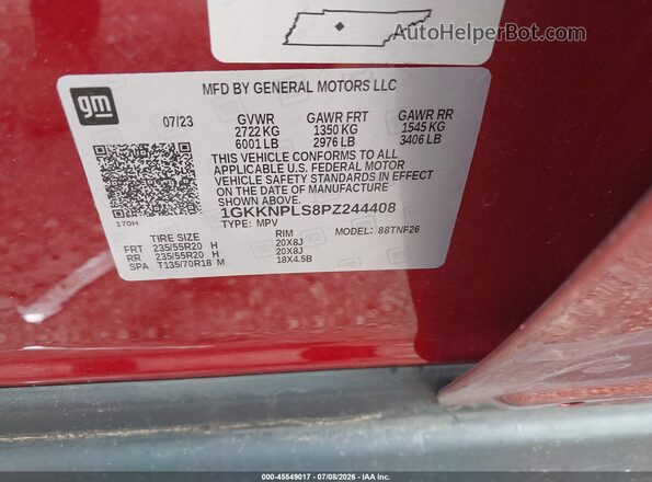 1GKKNPLS8PZ244408 2023 GMC ACADIA Red Շարժիչի բաժամունքի տեսք